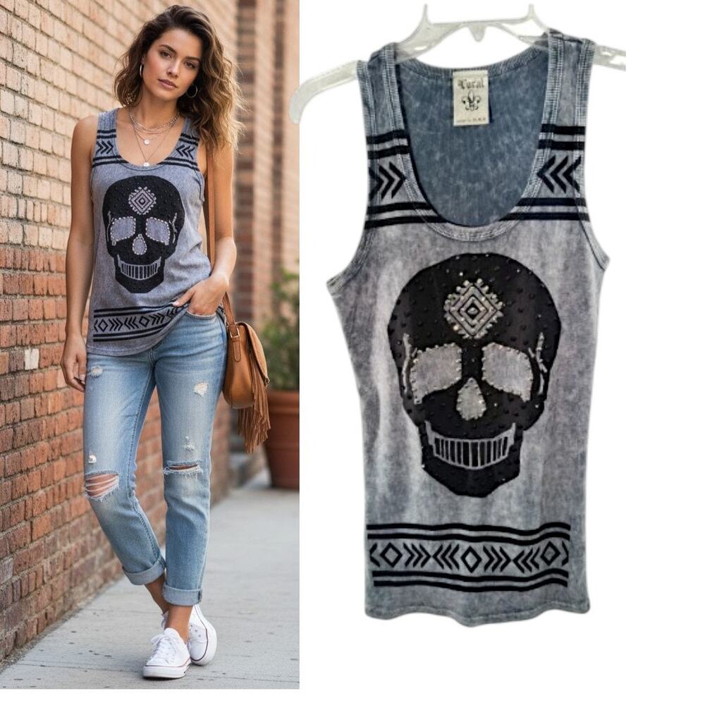 Vocal Y2K Skull Tank Top Womens S Gray Black Rhinestone Studded Ribbed Rib Knit